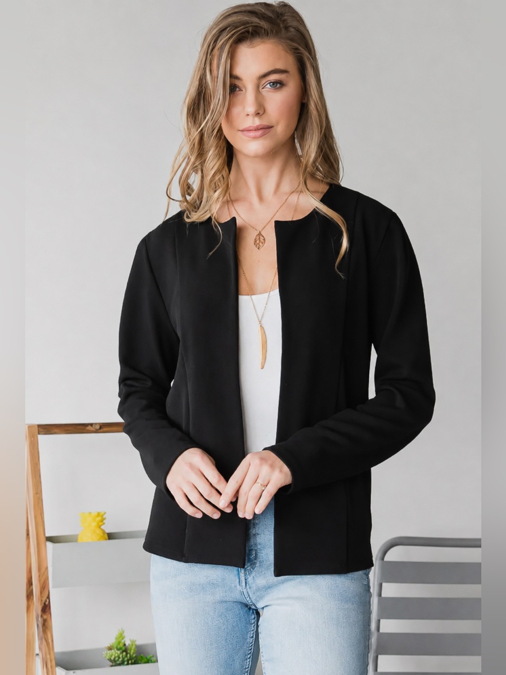 Heimish USA Black Collarless Open Front Blazer Jacket, Business Casual EUC